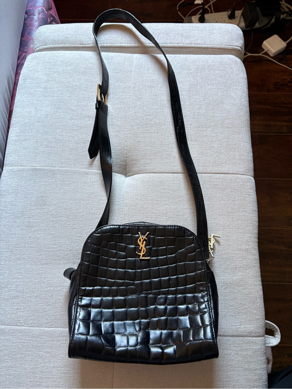 Authentic Saint Laurent YSL Black Croc-Embossed Leather Crossbody Bag GHW